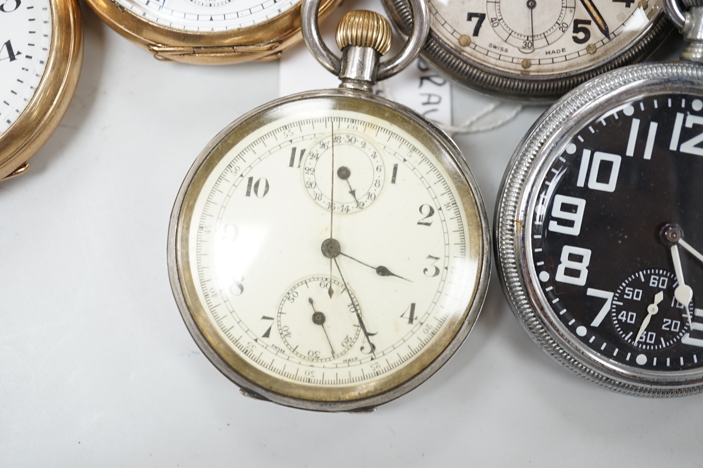 Eleven assorted gold plated or base metal pocket watches including three Waltham and Doxa military black dial.